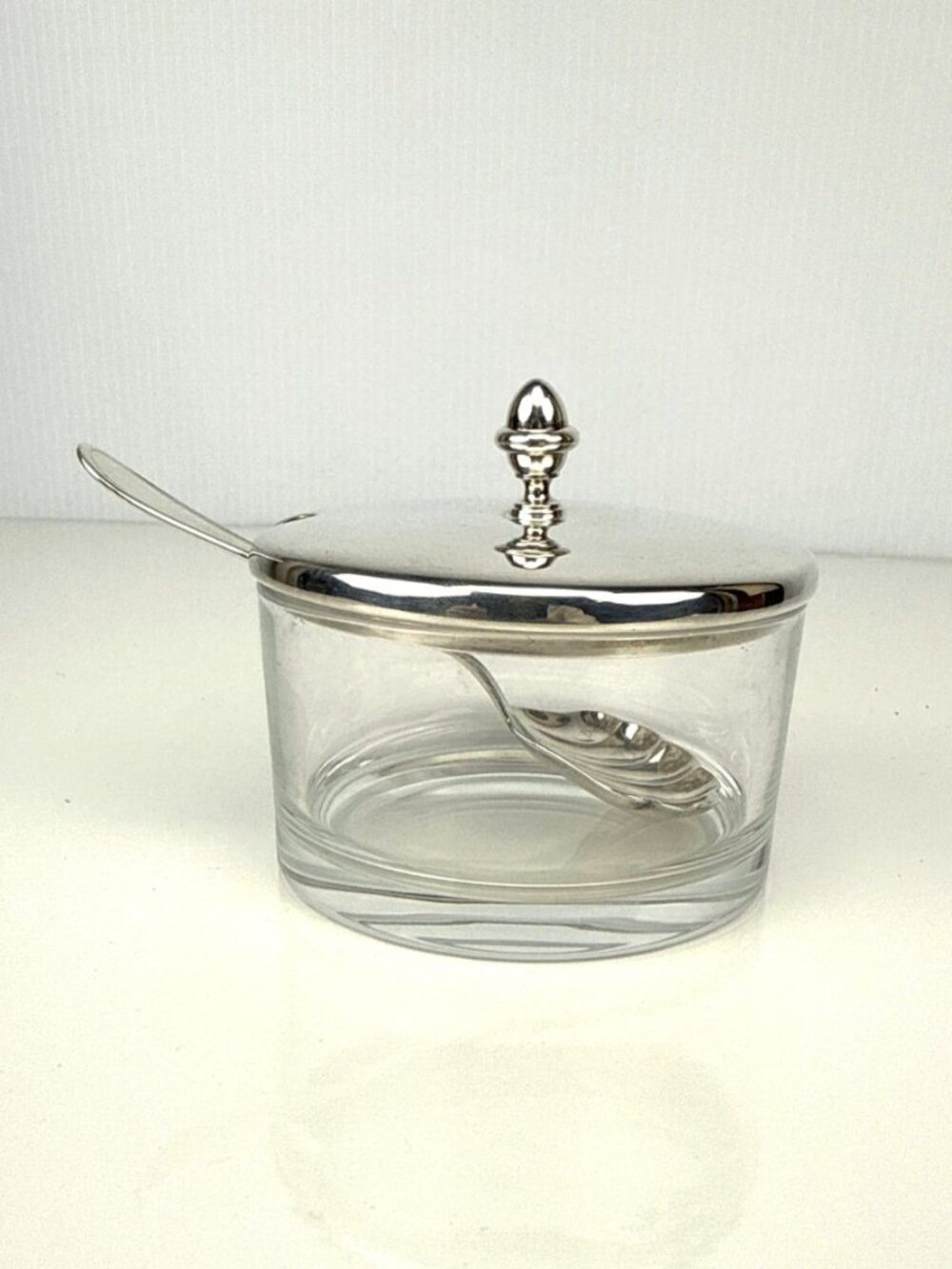 OLRI Silver Plated Jam Parmesan Condiment Jar Glass Insert & Shell-Shaped Spoon